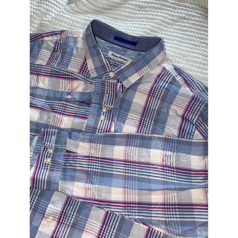 Tommy Bahama Button Down‎ Shirt Mens XXL Blue Red Plaid Cotton Silk Blend